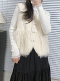 Momentlover Split-Joint Solid Color Buttoned Sleeveless Loose V-Neck Vest Outerwear