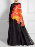 Momentlover Batwing Sleeves Loose Contrast Color Floral Printed Round-Neck Maxi Dresses