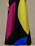 Momentlover Contrast Color Short Sleeves Loose Stand Collar Maxi Dresses