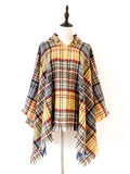 Momentlover Plaid Keep Warm Hooded Fringed Shawl&Cloak Cape