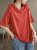 Momentlover Solid Color Hooded Short Sleeves Hooded T-Shirts Tops