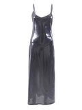 Momentlover Solid Color Shiny Sleeveless High Waisted Spaghetti-Neck Maxi Dresses