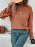 Momentlover Split-Joint Solid Color Pockets Loose Long Sleeves Round-Neck Sweater Tops Pullovers