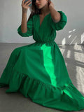 Momentlover Solid Color Pleated Elasticity Loose High Waisted V-Neck Midi Dresses