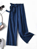 Momentlover Simple Ramie Cotton Solid Color Loose Ninth Wide-Leg Pants