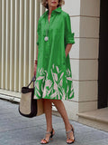 Momentlover Long Sleeves Leaves Print Lapel Midi Dresses