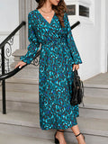 Momentlover Split-Side Leopard Elasticity Drawstring Puff Sleeves Loose V-Neck Midi Dresses
