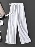 Momentlover Simple Ramie Cotton Solid Color Loose Ninth Wide-Leg Pants