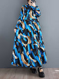 Momentlover Split-Joint Printed Buttoned Loose Long Sleeves Stand Collar Shirt Dress Maxi Dresses