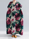Momentlover Artistic Retro Short Sleeves Loose Floral Printed Contrast Color V-Neck Maxi Dresses