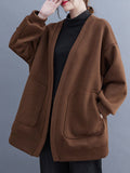 Momentlover Solid Color Pockets Loose Long Sleeves Collarless Outerwear
