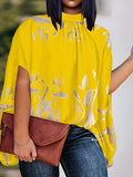 Momentlover Printed Pleated Loose High-low Mock Neck Blouses&shirts Tops