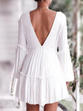 Momentlover Split-Joint Solid Color Pleated Elasticity Backless Puff Sleeves Loose Deep V-Neck Mini Dresses