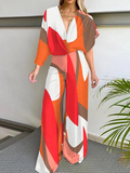 momentlover Loose Contrast Color Printed V-Neck Jumpsuits