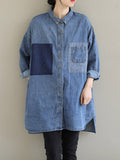 Momentlover Split-Joint Pockets Buttoned Asymmetric Loose Long Sleeves Lapel Blouses&Shirts Tops