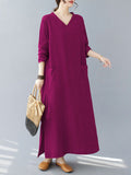 Momentlover Split-Side Solid Color Pockets Loose Long Sleeves V-Neck Maxi Dresses