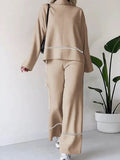 Momentlover Round-Neck High-Low Contrast Color Split-Side Sweater Top + High Waisted Pants Bottom Two Pieces Set