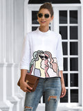 momentlover Casual High-Low Loose Printed Stand Collar Blouses&Shirts Tops