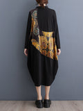 Momentlover Split-Joint Printed Asymmetric Loose Long Sleeves Round-Neck Midi Dresses