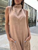 Momentlover Loose Sleeveless Pleated Pockets Solid Color High Neck Jumpsuits