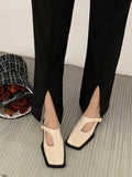 Momentlover Square-Toe Split-Joint Hollow Buckle Loafers Flat Shoes