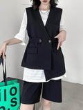 Momentlover Split-Joint Solid Color Pleated Elasticity Straight Leg Loose Half Pants