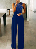 Momentlover Rhinestone Hollow Wide Leg Sleeveless Jumpsuits