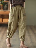 Momentlover Vintage Loose Split-Joint Solid Color Elastic Waist Padded Harem Pants