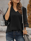 Momentlover Split-Joint Solid Color Loose V-Neck T-Shirts Tops