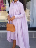 Momentlover High-Low Long Sleeves Pleated Solid Color Lapel Maxi Dresses Shirt Dress