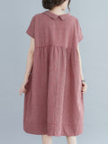 Momentlover Artistic Retro Loose Plaid Buttoned Lapel Collar Midi Dress