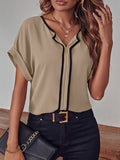 Momentlover Striped Short Sleeves Loose V-Neck Blouses&Shirts Tops