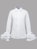 momentlover Flared Sleeves Bow-Embellished Falbala Solid Color Lapel Blouses&Shirts Tops