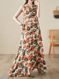 Momentlover Printed Sleeveless Loose Round-Neck Midi Dresses