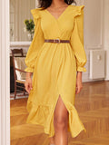 Momentlover Tied Split-Side Split-Joint Solid Color Ruffled Elasticity Backless Loose Long Sleeves V-Neck Midi Dresses