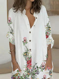 Momentlover Flower Print Buttoned Loose Long Sleeves Lapel Shirt Dress Mini Dresses