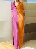 Momentlover Long Sleeves Loose Buttoned Contrast Color Lapel Collar Maxi Dresses