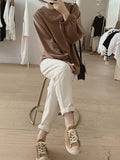 Momentlover Solid Color Pleated Puff Sleeves Loose Round-Neck T-Shirts Tops