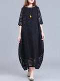 Momentlover Solid Color See-Through Flower Print Loose Half Sleeves Round-Neck Midi Dresses
