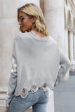 Momentlover Flower Distressed Ribbed Trim Sweater