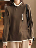 Momentlover Pockets Contrast Color Loose Long Sleeves High Neck T-Shirts Tops