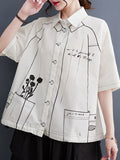 Momentlover Printed Buttoned Short Sleeves Loose Lapel Blouses&Shirts Tops