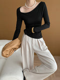 Momentlover Solid Color Skinny Long Sleeves Asymmetric Collar T-Shirts Tops