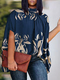 Momentlover Printed Pleated Loose High-low Mock Neck Blouses&shirts Tops