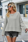 Momentlover High-Low Slit Round Neck Long Sleeve Sweater