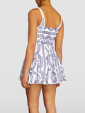 Momentlover Printed Hollow Elasticity Buttoned Sleeveless Loose Spaghetti-Neck Mini Dresses
