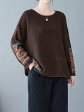 Momentlover Split-Joint Printed Loose Long Sleeves Round-Neck Sweater Tops Pullovers
