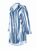 Momentlover Striped Buttoned Loose Long Sleeves Lapel Shirt Dress Mini Dresses