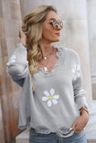 Momentlover Flower Distressed Ribbed Trim Sweater