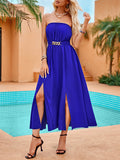 Momentlover Split-Front Pleated Elasticity Chains Sleeveless A-Line Tube Midi Dresses